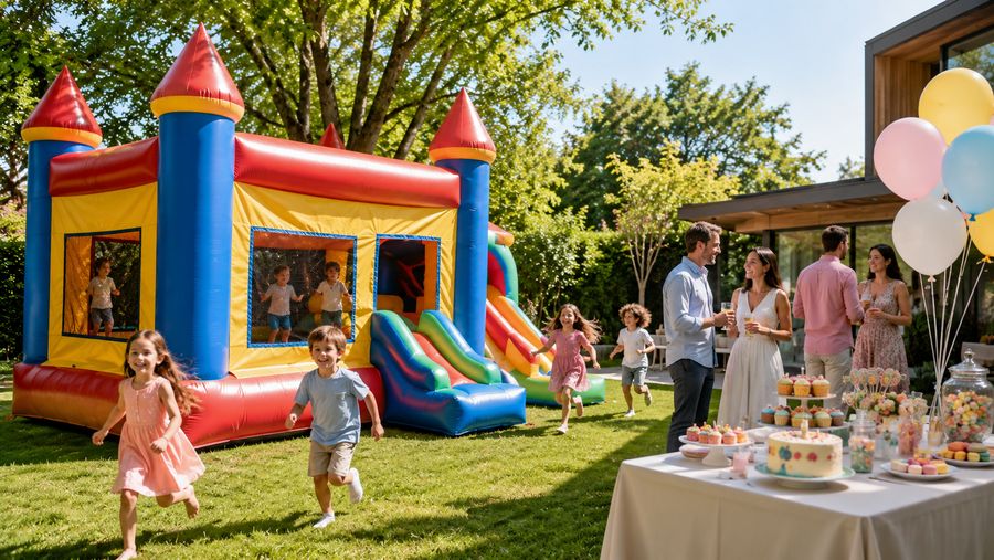 Kids running to a bounce castle