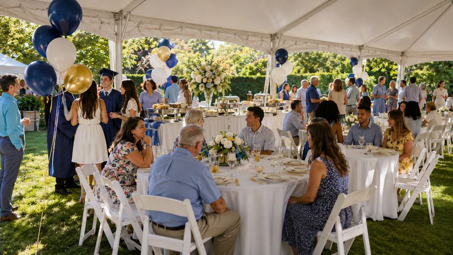 Tables and chairs under a tent